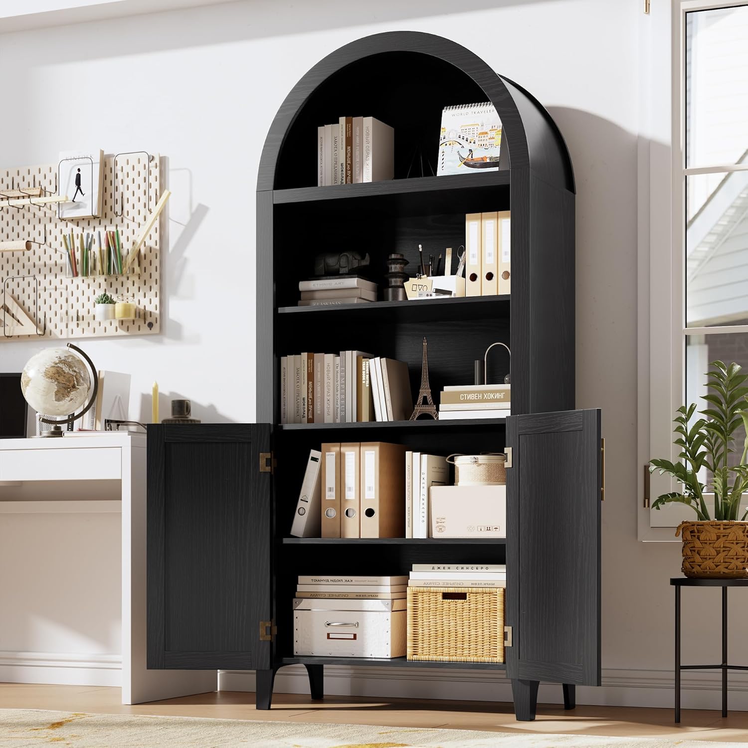 BouPower Arched Pantry Cabinet with Open Display Shelf,Kitchen Cabinet with Doors,Versatile Cupboard for Kitchen Dining Room