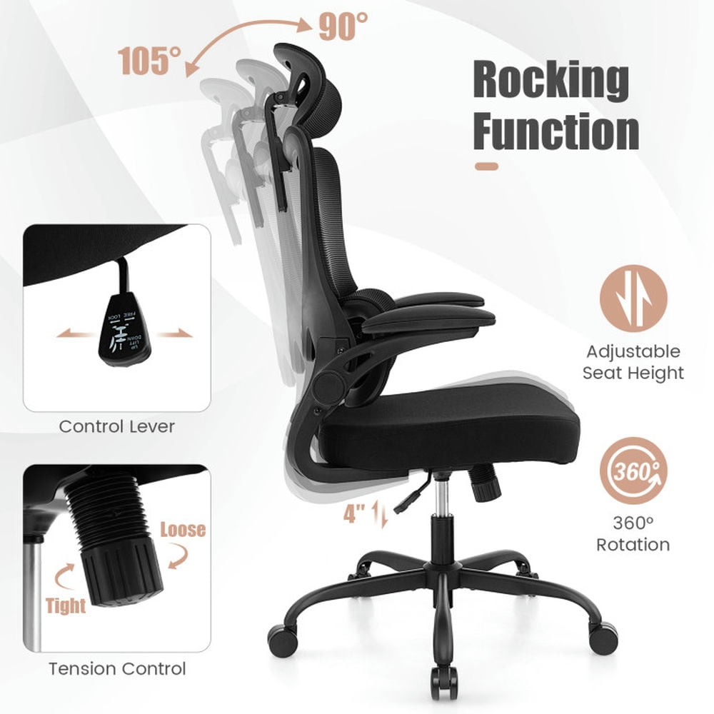 Demi Bonn Mesh Office Chair with Adaptive Lumbar Support Flip-up Armrests, Reclining Backrest, Rolling Work Computer Desk Chair, Black