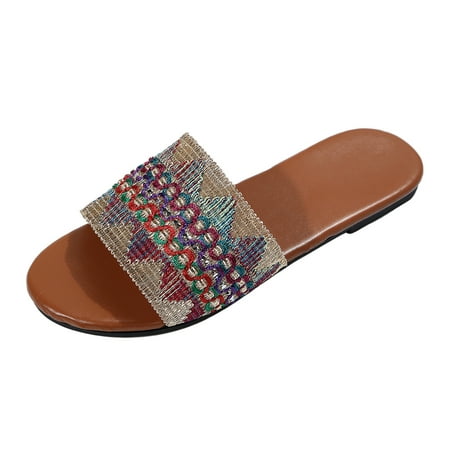

Ladies Fashion Summer Ethnic Style Embroidered Open Toe Flat Bottom Casual Slippers Slippers for Women Moccasins Slipper Socks for Women Grippers