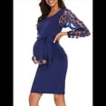 thumbnail image 3 of Vestido Midi de Maternidad de Larga con Floral, Vestido Ajustado de Otoño para Baby Shower o Sesión de Fotos. Azul Oscuro XXL, 3 of 9