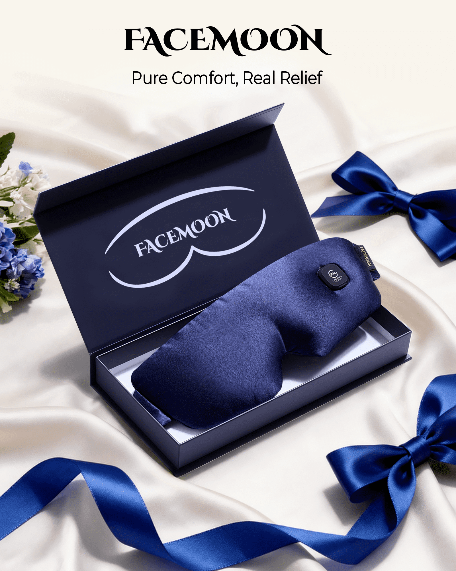 FACEMOON Silk Cordless Heated Sleep Eye Mask for Dry Eyes with Storage Case, Blue