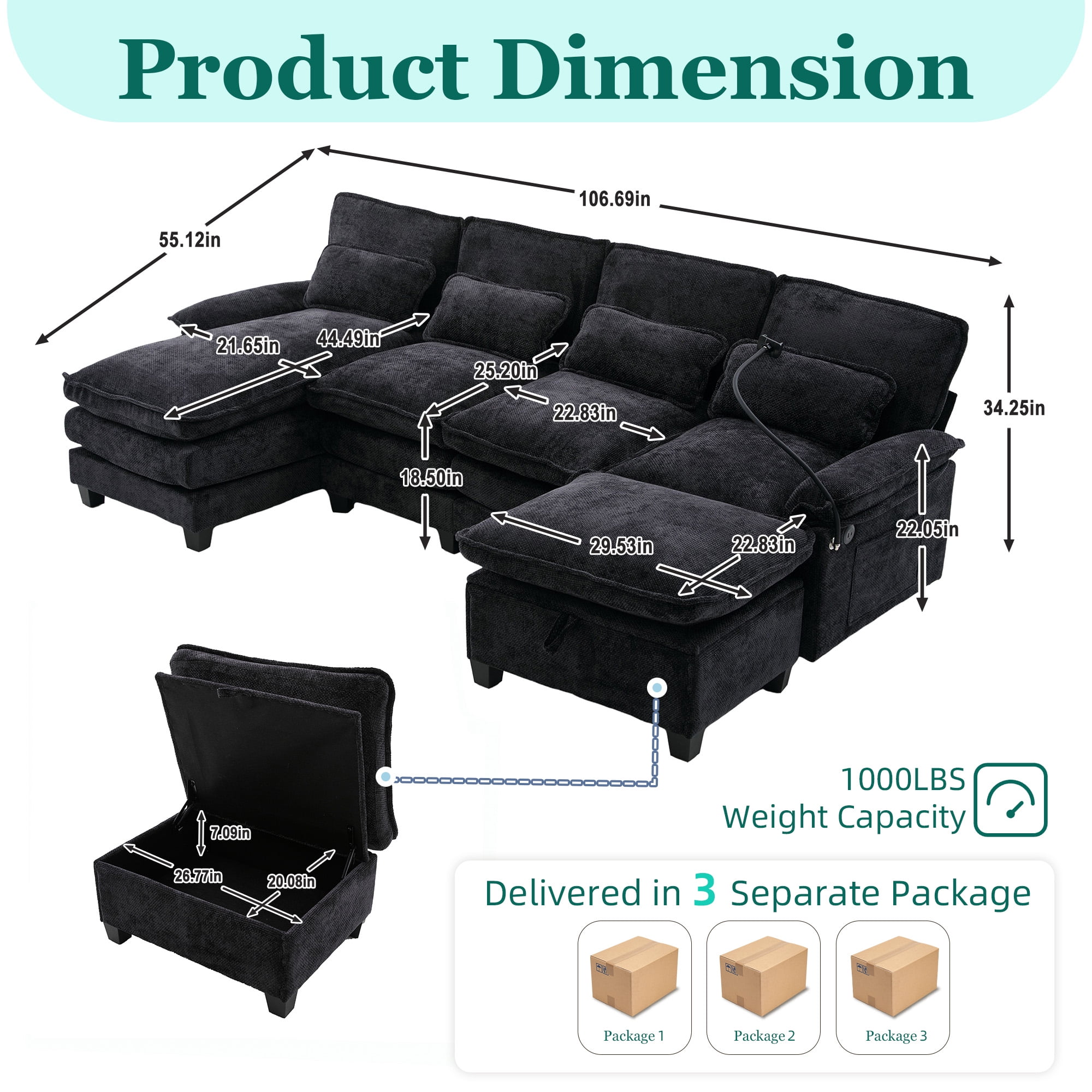MOONMIS 106" U Shape Sectional Sofa Cloud Couch for Living Room, Upholstery Comfy Modular Sofas, 4 Seat Chenille U-Shaped Sleeper Sofa with Chaise Lounge, Ottoman & Pillows