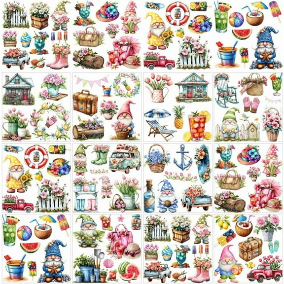 12 Sheets Spring Rub on Transfers DIY for Crafts 12 Style Floral Garden Gnome Rub on Decals Heat Transfer Films Transfer Furniture Stickers DIY for Arts Craft Decals 5.5x5.5 Inch