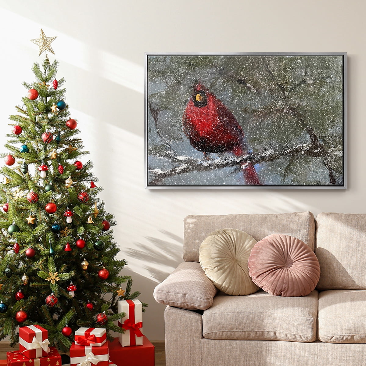 Cardinal in Snow I - Framed Gallery Wrapped Holiday Canvas - 17 x 25 - Silver Frame