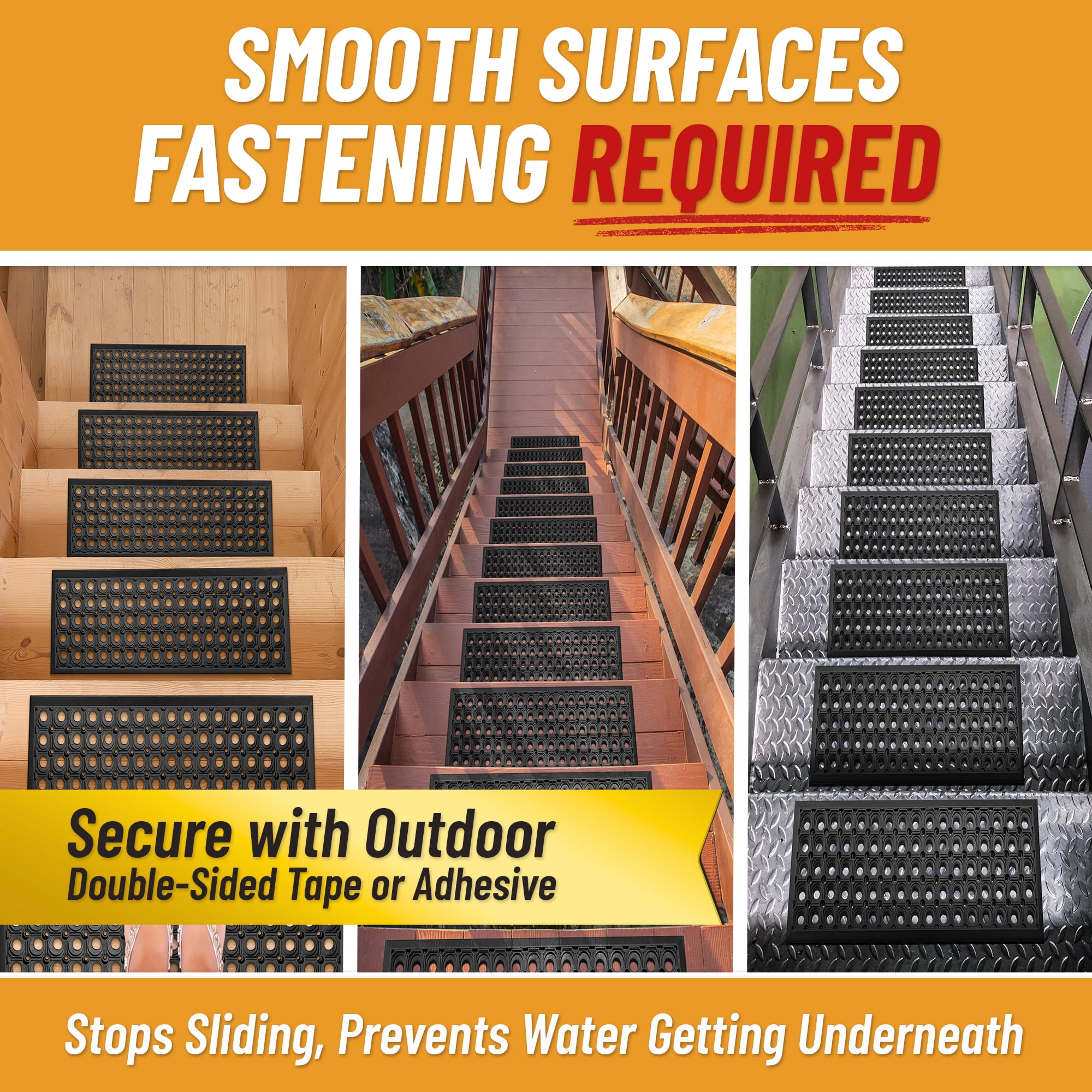 Ottomanson Outdoor Rubber Stair Treads 10" x 30" (5 Pack) – Non-Slip Stair Mats, Black Perforated