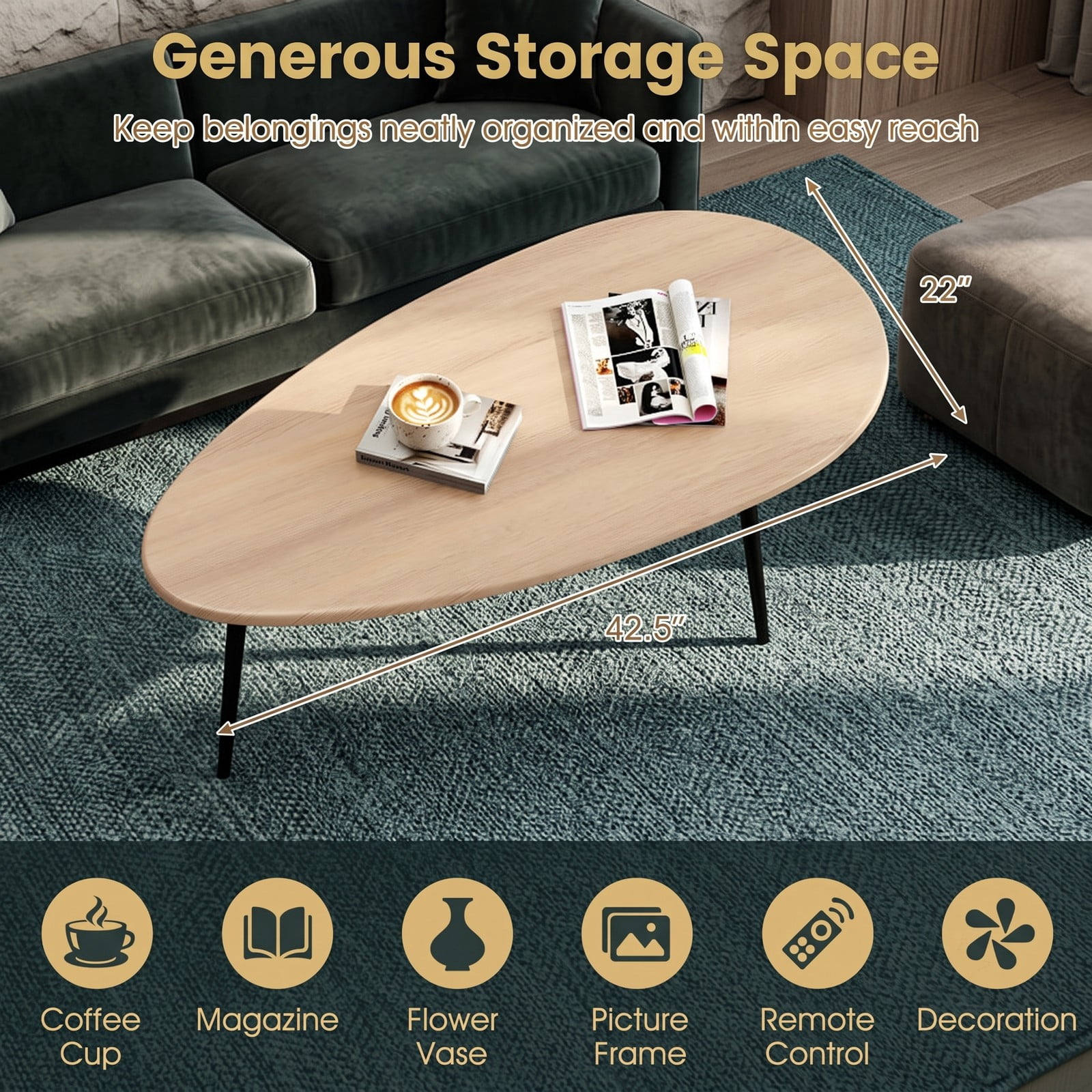 Furnibear Oval Coffee Table Mid Century Center Table with Sturdy Metal Frame, Open Storage Shelf & Adjustable Foot Pads for Living Room, Hallway & Lounge, Natural