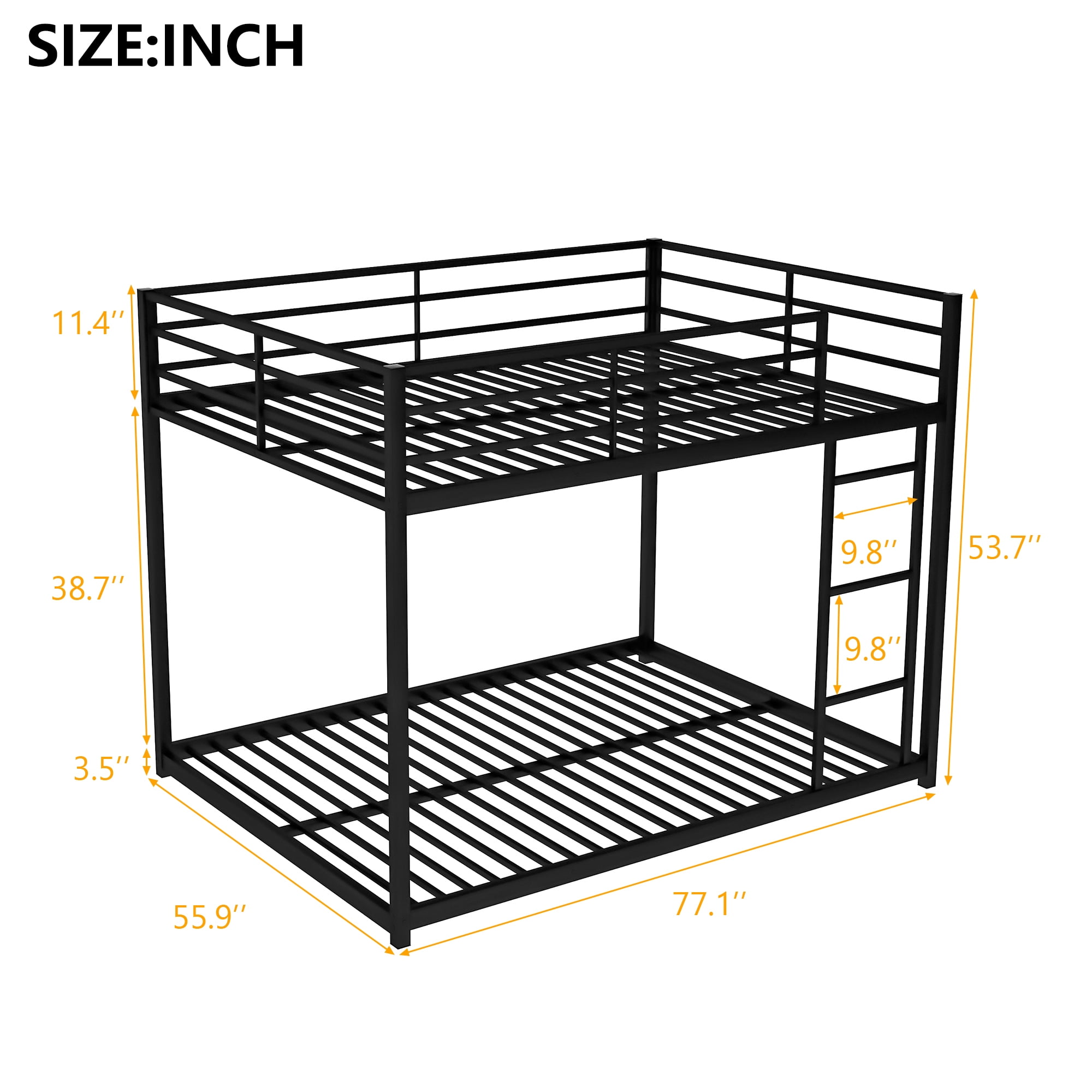 Leumius Full Over Full Low Bunk Bed for Kids Teens Adults,Metal Low Bunk Bed with Ladder and Safety Guardrails,Weight Capacity 350lb,Black