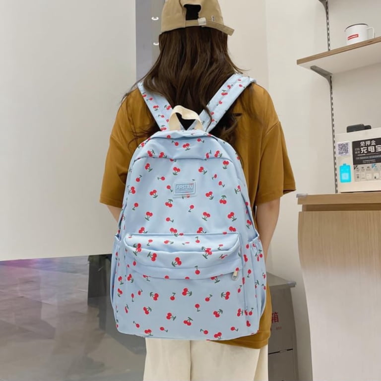Women\'s White Ribbed Cherry Print Backpack Cute Aesthetic Casual School Bag Amazon.com | Kawaii Cherry Backpack Preppy Backpack  main image 4