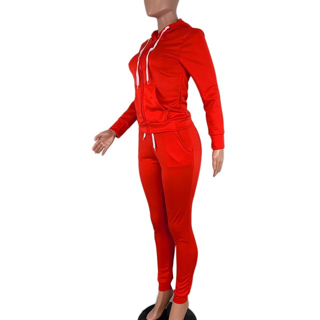 Women Solid Color Sets Zipper Hood Wear Lounge Wear Suit Sport Set Tops+Pants