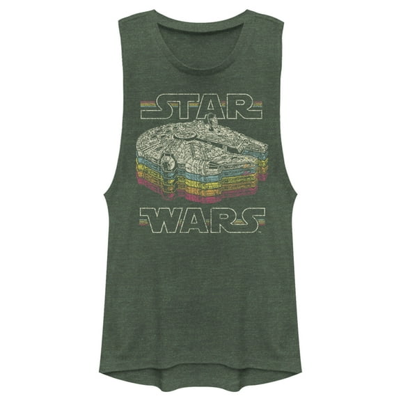 Junior's Star Wars: A New Hope Millennium Falcon Retro Rainbow Stack Festival Muscle Graphic Crop T-Shirt Pine Green Heather Small