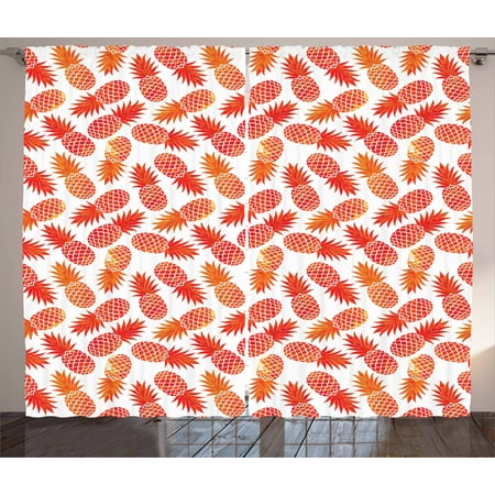 Orange Curtains 2 Panels Set, Vintage Pattern of Tropical Exotic Climate Fruits Pineapples Hawaiian Summer, Window Drapes for Living Room Bedroom, 108W X 108L Inches, Red Orange White, by