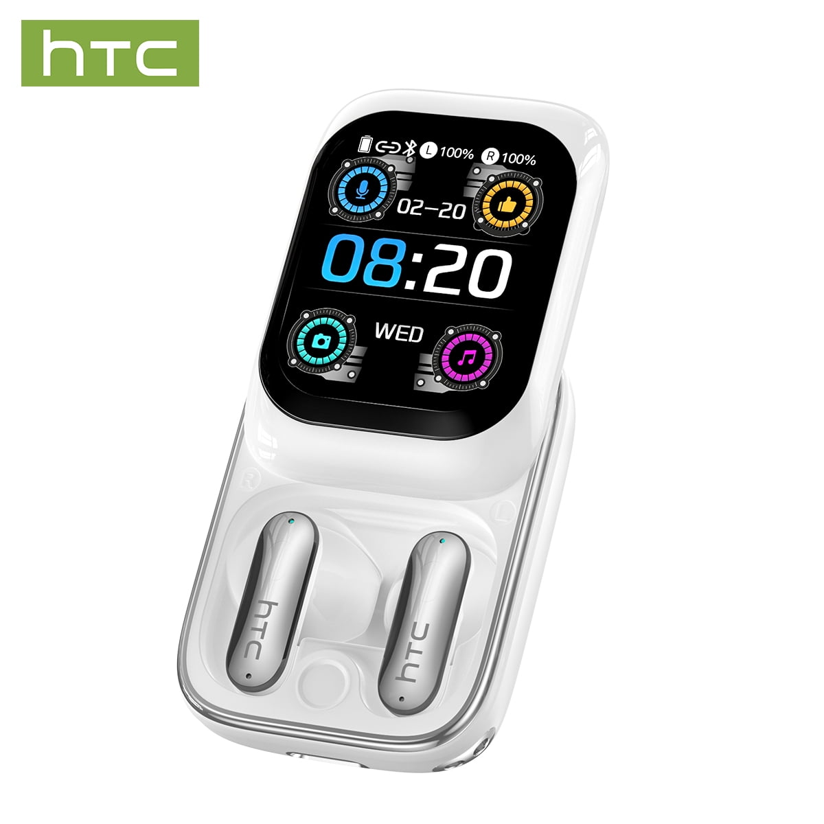 HTC NE48 AI Translation Wireless Earbuds with Smart Touch Screen Case, Bluetooth 6.0 Noise Cancelling, 130+ Languages, IPX5 Waterproof, White