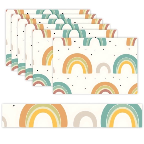 7 Piece Linen Table Runner and Placemats Set, Boho Rainbow Pattern Round Corner Heat Resistant Washable Table Mats for Home Kitchen Dining Party Decoration