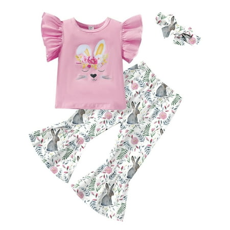 

Rovga Toddler Kids Baby Girls Easter Child Outfits Short Sleeve Bunny Printed Shirt Tops Flared Pants Bell Bottoms Headband 3PCS Clothes Set Leisure Outwear
