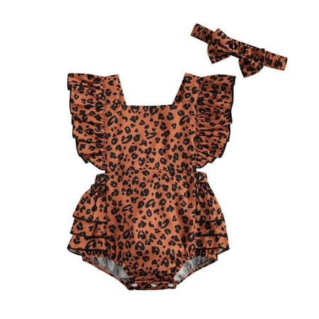 

Infant Baby Girl 2Pcs Romper Outfits Clothes Ruffled Sleeve Jumpsuit Headband