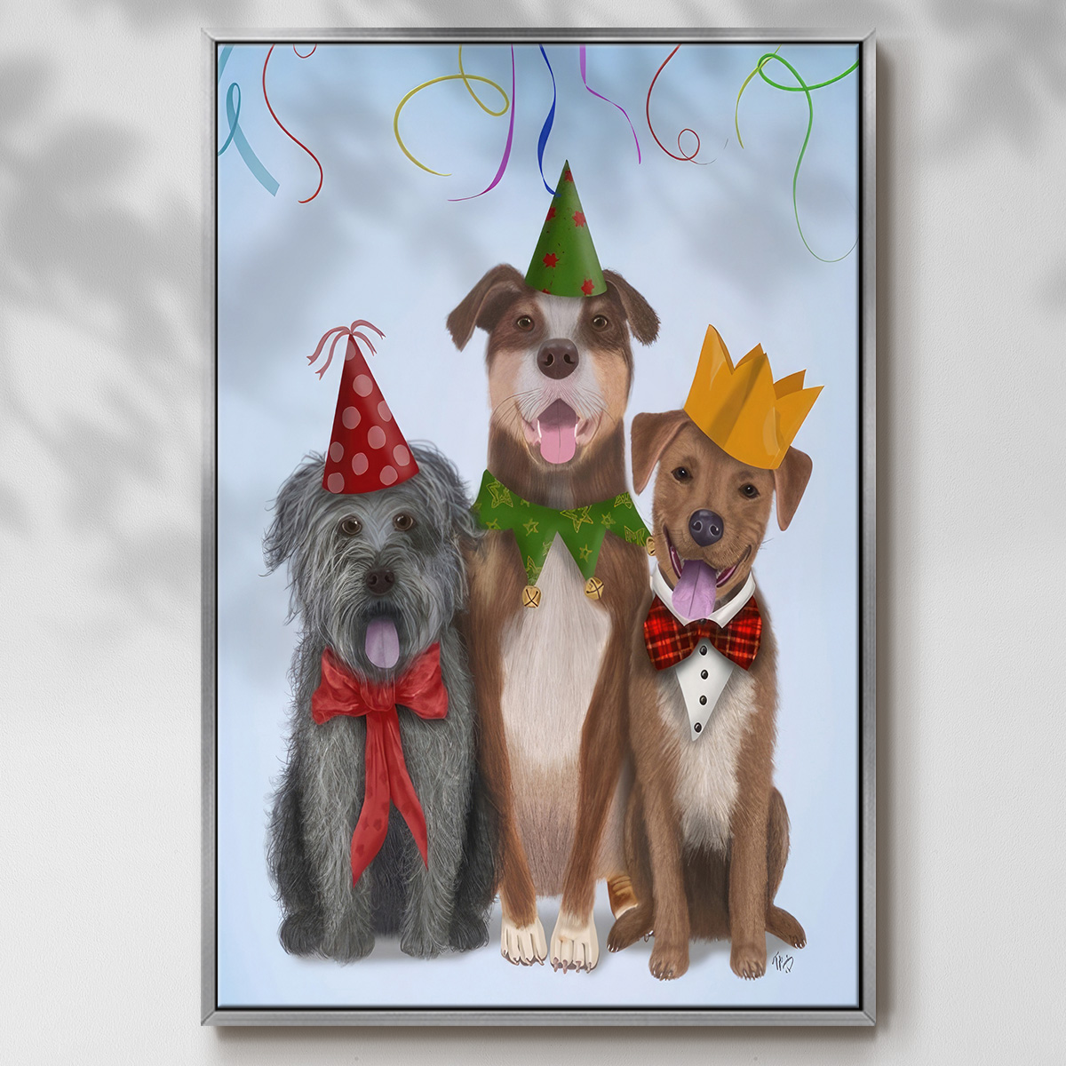 Christmas Party Mutts - Framed Gallery Wrapped Holiday Canvas - 27 x 41 - Silver Frame