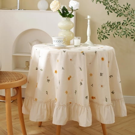 Cotton Ruffle Tablecloth Farmhouse Embroidery Floral Beige Table Cover for Kitchen Dining Party90cm in Diameter