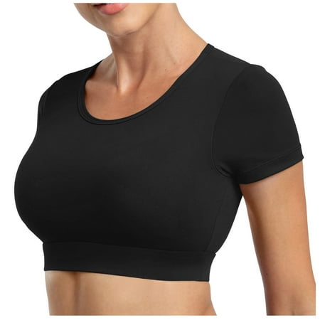 

DENGDENG Womens Longline Push Up Sports Bra High Neck Comfort Short Sleeve Bras for Women Black L