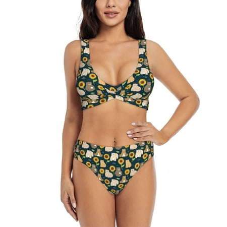 Zeuib Bear Sunflower High Waisted Tummy Control Bikini Set - Knot Front Push Up Top & Cheeky Thong Bottom  Two-Piece Swimsuit for Women-X-Large
