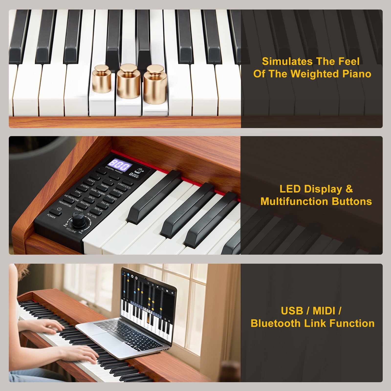 MUSTAR 88 Key Piano Keyboard for Beginners, Portable Semi Weighted Electric Digital Piano with 3-Pedal Unit, Built-In Speakers, USB/MIDI Connecting (Brown)