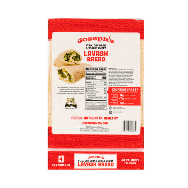 Joseph's Low Net Carb Flax Lavash Bread, 1 Pack, 4 Count, 9oz (Pack of 4)