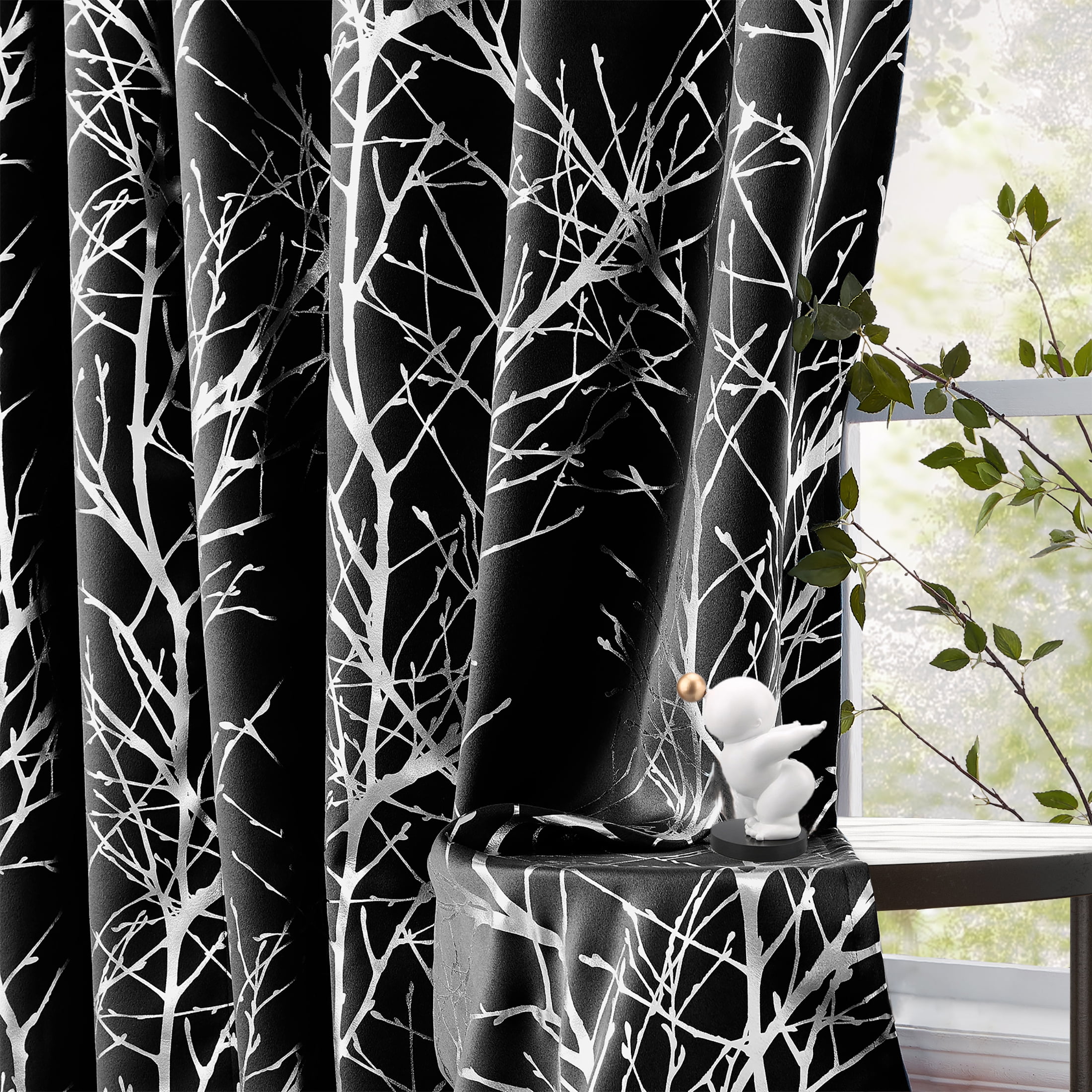 Decoultimatex Tree Branch Blackout Window Curtain Panels Black Silver Metallic Print Room Darkening Window Drapes for Bedroom Office, Grommet Top, 50"x 63"x 2