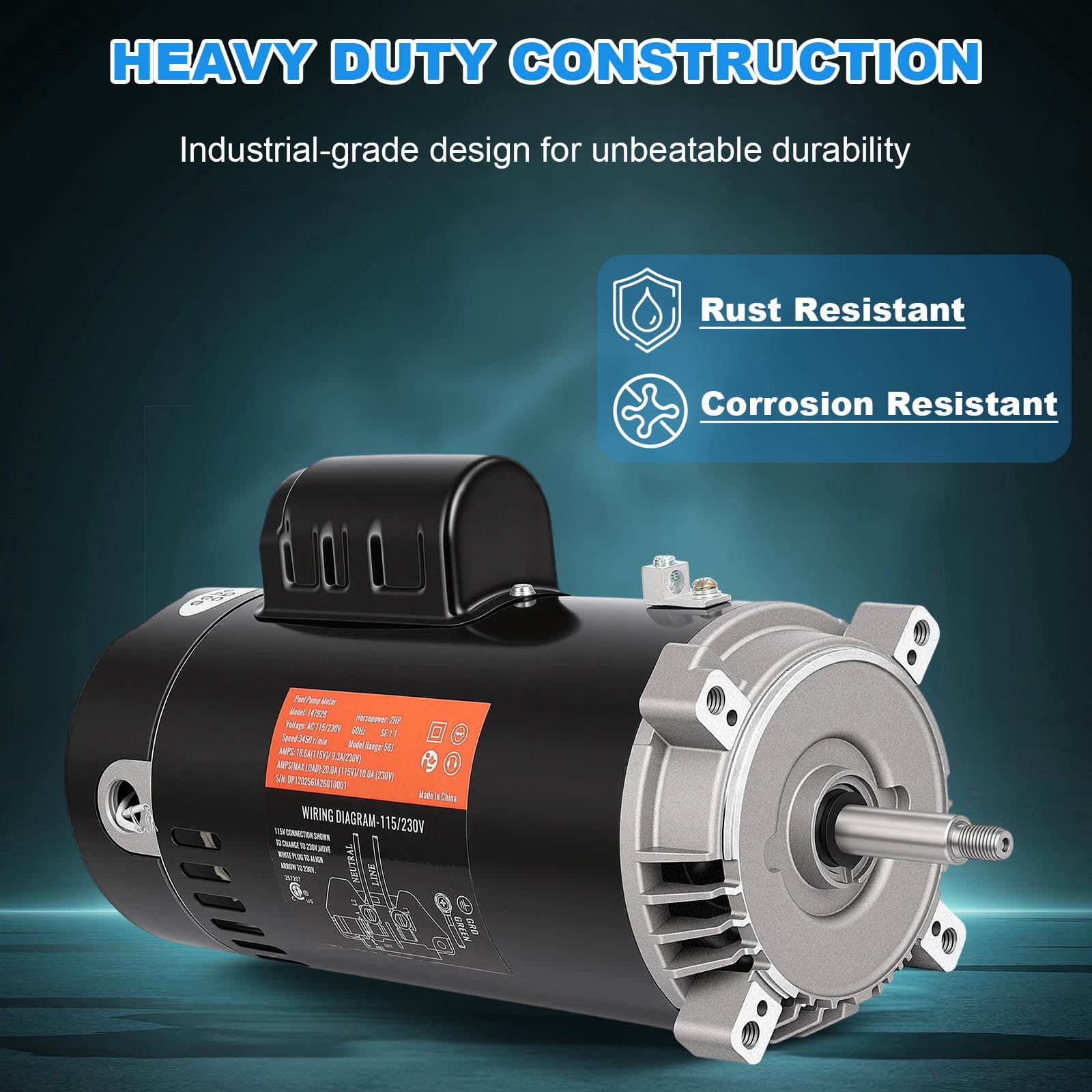 UST1202 2HP Pool Pump Motor, 56J Frame Swimming Pool Pump Motor, 115/230V, 3450 RPM, 303 Stainless Steel Shaft, Replacement Motor for Outdoor/Indoor Swimming Pool