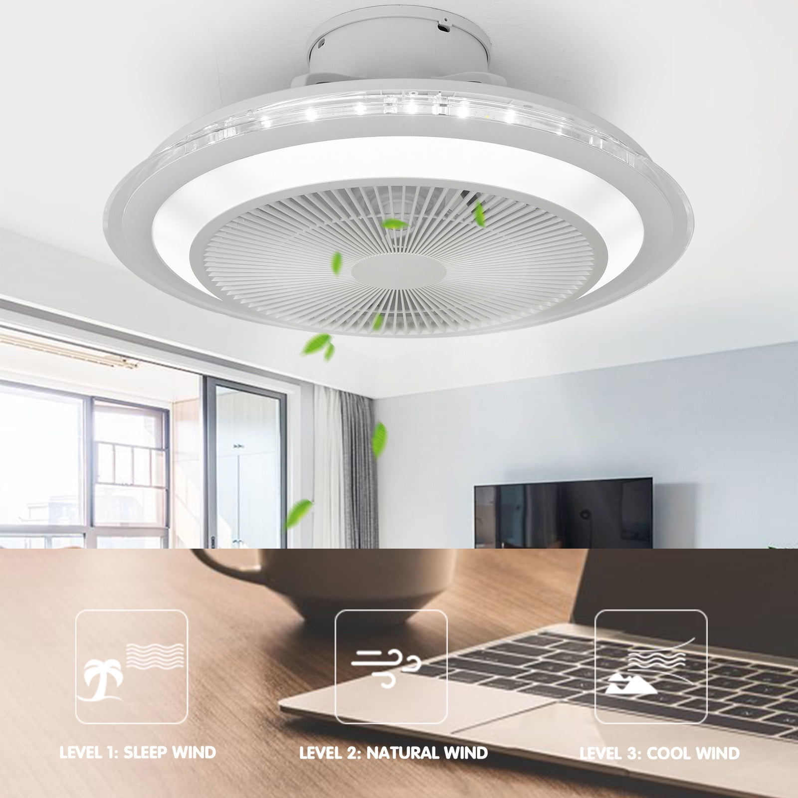 Enclosed Ceiling Fan with Lights, 21.7 Inch Low Profile Ceiling Fan with remote,Invisible Blades Flush Mount Ceiling Fans for Kids Bedroom,Round ...