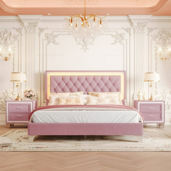 3-Pieces Bedroom Sets, Queen Size Upholstered Platform Bed with LED Lights Headboard and Two Nightstands for Living Room, Pink