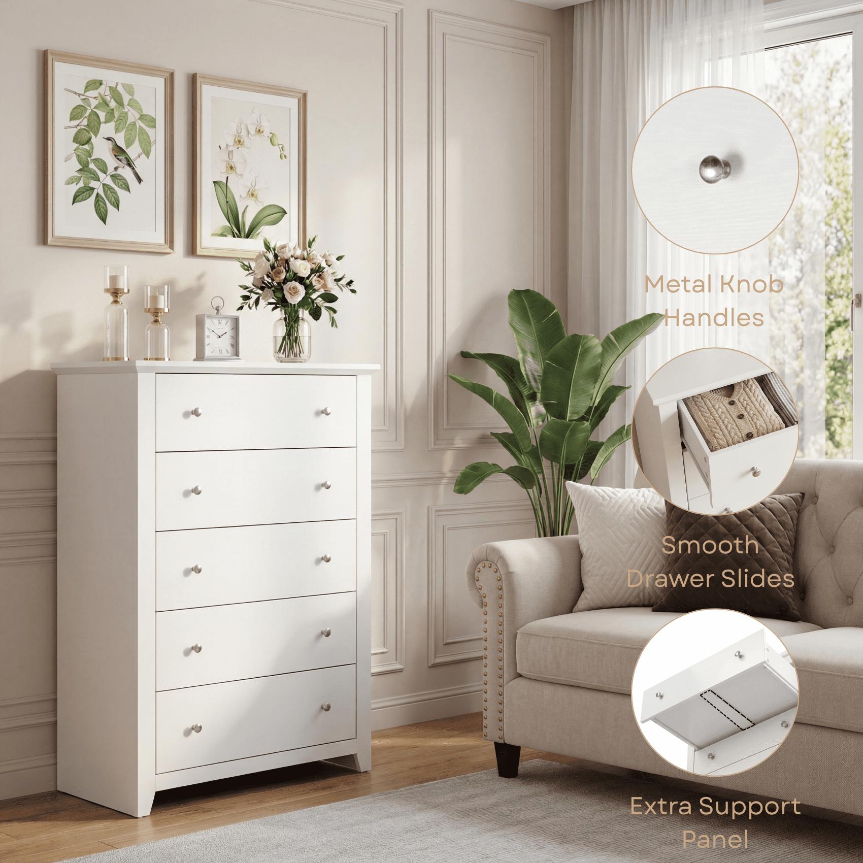 TrumanPick White Dresser for Bedroom, Tall Chest of Drawers for Living Room, Wooden Dressers 31.2"W x 17"D x 47"H for Nursery Hallway Closet