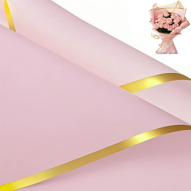 DMIMIA 20 Sheets Flower Wrapping Paper, Waterproof Floral Bouquet Wrapping Paper for DIY Crafts, Gift Packaging, Flower Shop Bouquet Packaging(Pink,Gold Edge)