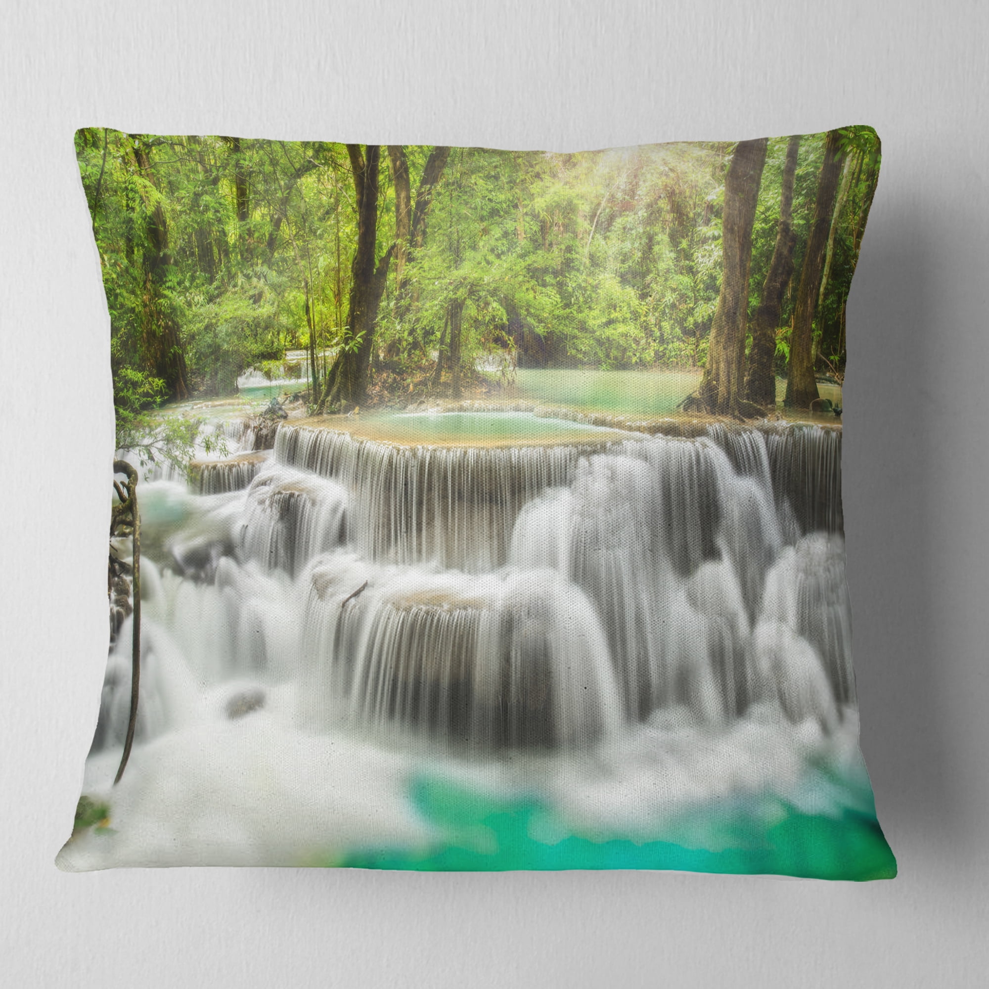 Designart Kanchanaburi Erawan Waterfall - Photography Throw Pillow - 18x18