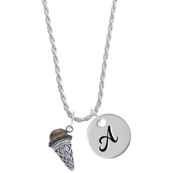 Delight Jewelry Silvertone 3-D Resin Chocolate Ice Cream Cone with Crystals Silvertone Script Initial Disc - A - Charm Necklace, 20"+3"
