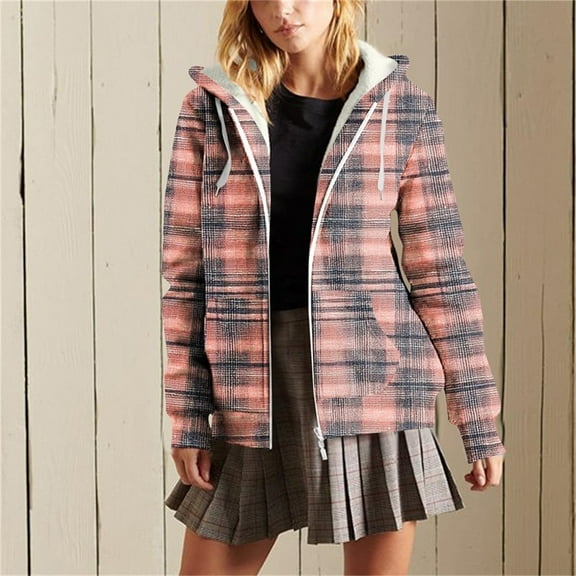 Gamivast Sherpa Lined Flannel Jacket Women Plaid Zip up Hooded Fleece Lined Jackets Fall Fashion Long Sleeve Warm Soft Casual Winter Coats with Pockets Work Travel Outfits