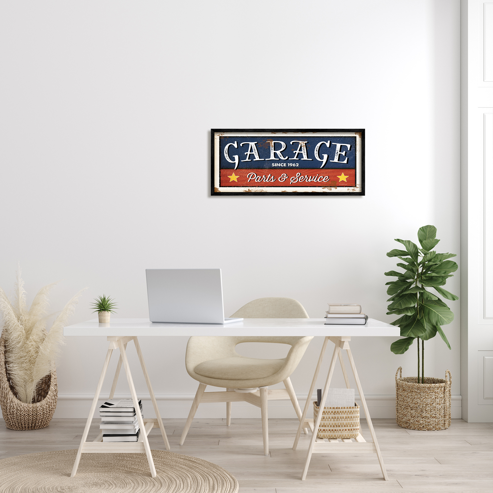 Stupell Industries Vintage Americana Garage Sign Parts and Service Phrase Graphic Art Black Framed Art Print Wall Art, 13x30, by Jennifer Pugh