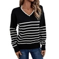 thumbnail image 3 of Suéter de Punto para Mujer, Informal, con Cuello en V, Estampado A Rayas, Holgado, de Larga Negro S, 3 of 9