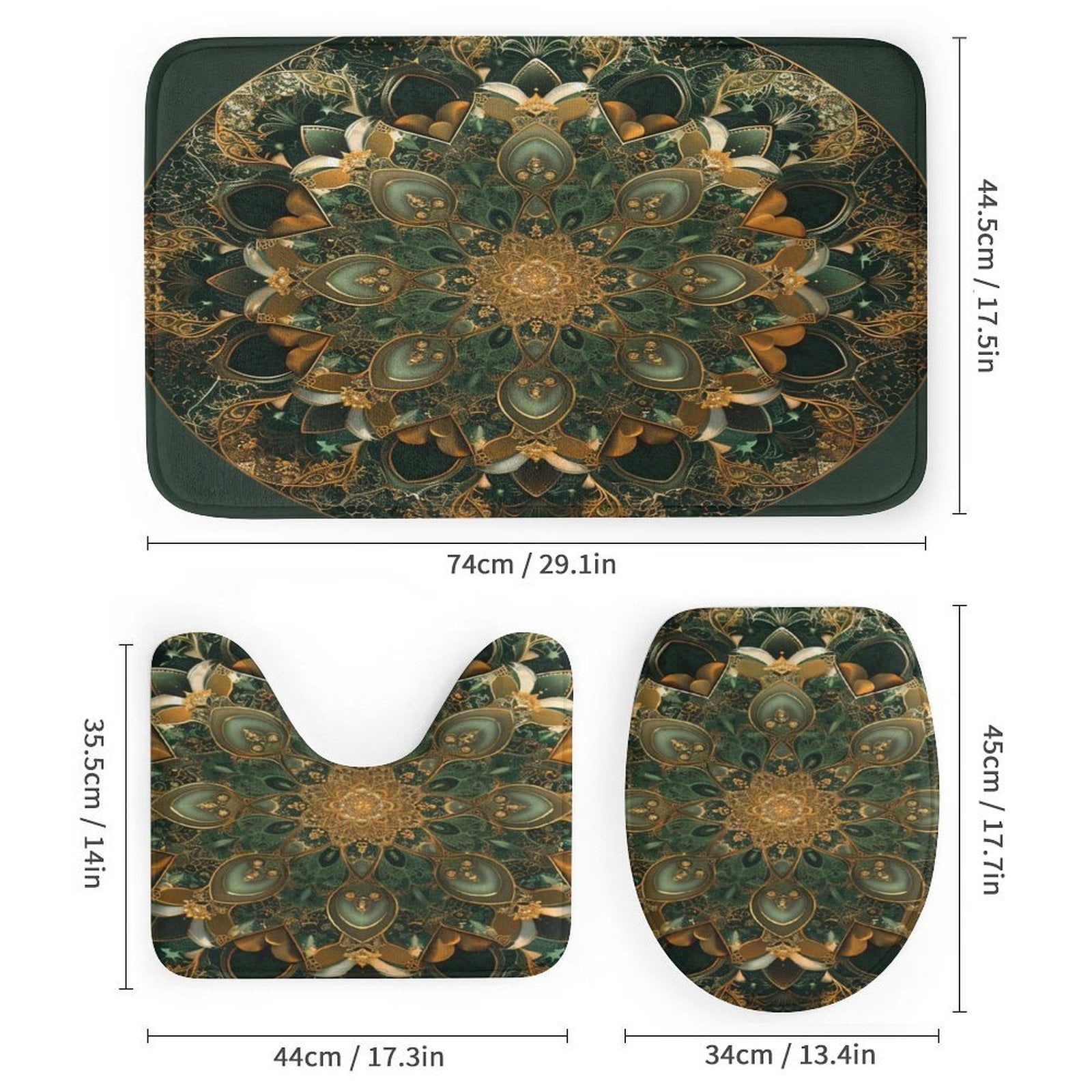 Mandala Design in Olive Green And Gold 4 Pcs Shower Curtain Sets with Non-Slip Rugs Toilet Lid Cover And Bath Mat Bathroom Decor Set Abstract Mandala Flowers Durable And Waterproof for Bathtub Decor