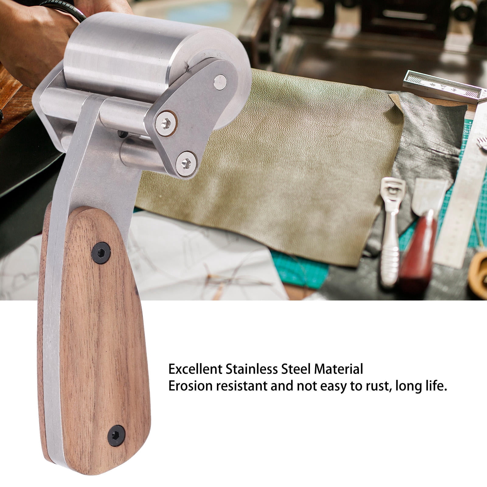 LAZIOEGR Leather Roller Stainless Steel Double Bearing Design Leather Press Edge Seam Roller Tool, Heavy Duty Crafting Accessory for Leather Gluing and Laminating, 7.48 inches / 19 cm Length