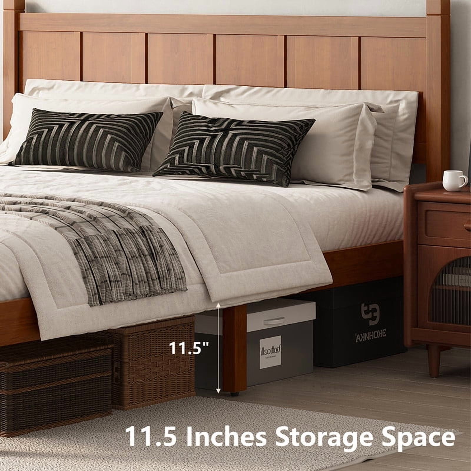Queen Size Farmhouse Platform Bed with Flat Panel Designed Headboard & Footboard, Minimalist Wood Bed Frame with Under-Bed Storage