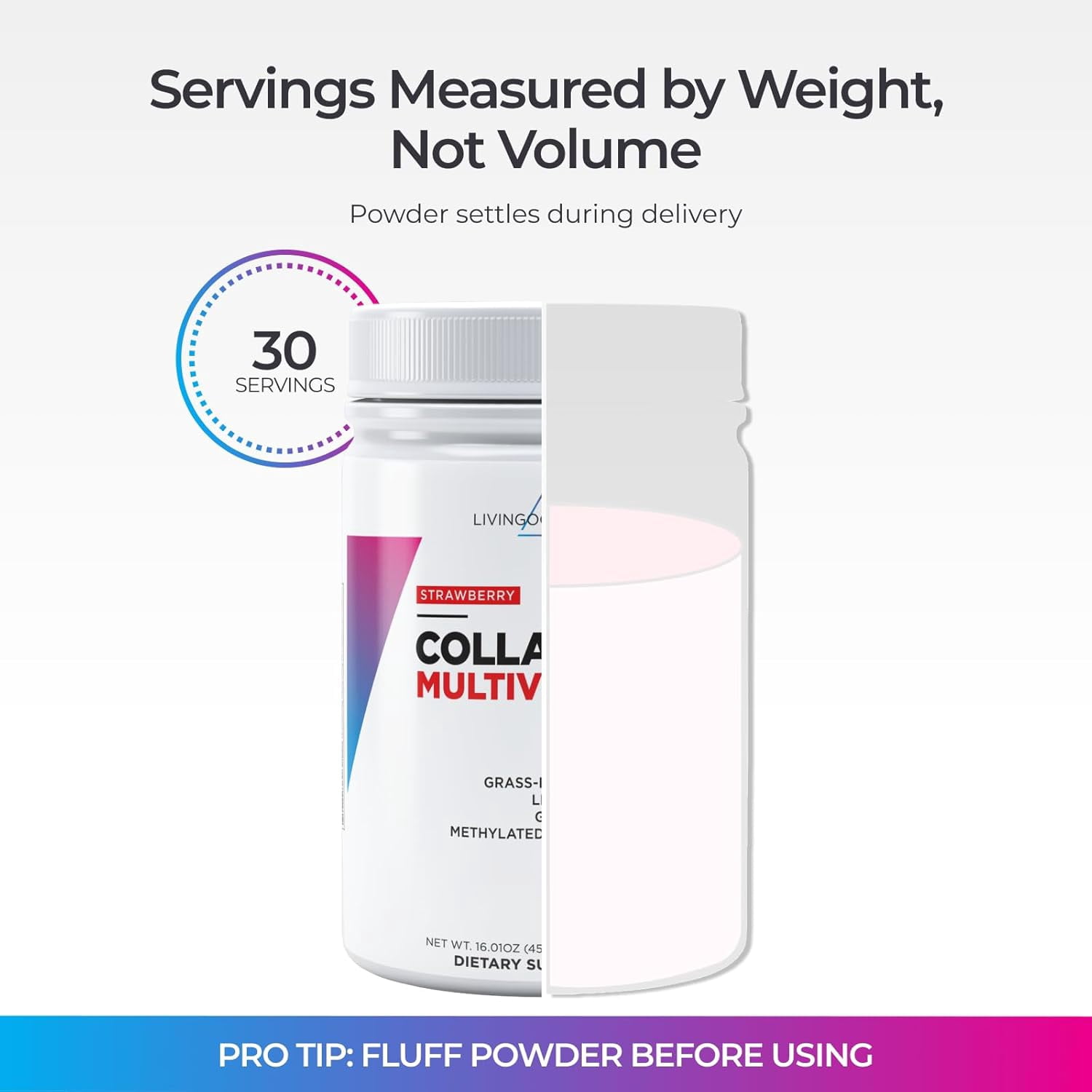 Livingood Daily Collagen Peptides Powder Strawberry, 30 Servings - 4in1 Grass Fed Hydrolyzed Collagen Powder with Multi Vitamins