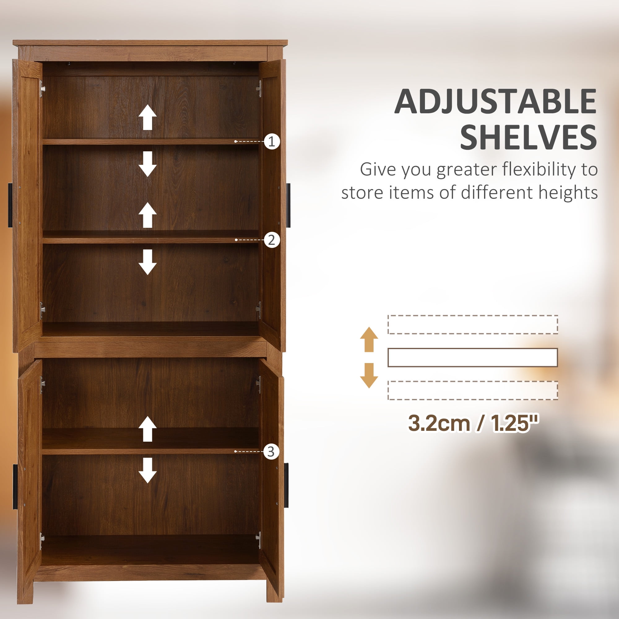 HOMCOM 64" 4-Door Kitchen Pantry, Freestanding Storage Cabinet with 3 Adjustable Shelves for Kitchen, Dining or Living Room, Oak