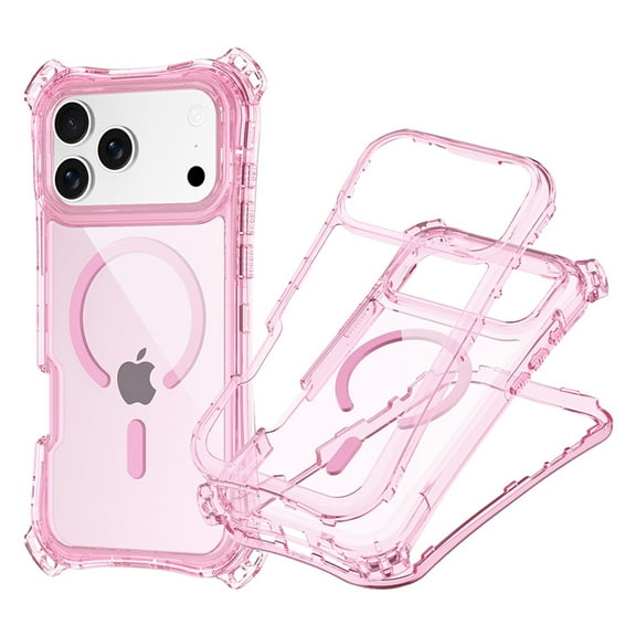 for iPhone 17 Clear Case, Compatible with Mag-Safe, Magnetic Slim Phone Case for iPhone 17 with Detachable Wrist Strap, Shoulder Strap, Shockproof Non-Yellowing Hybrid Cover, Pink