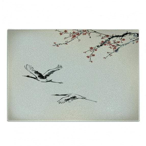 Birds Cutting Board, Branches of Japanese Cherry Tree with Flying Swallows in the Air Spring Colors, Decorative Tempered Glass Cutting and Serving Board, Small Size, Red Grey Ecru, by Ambesonne