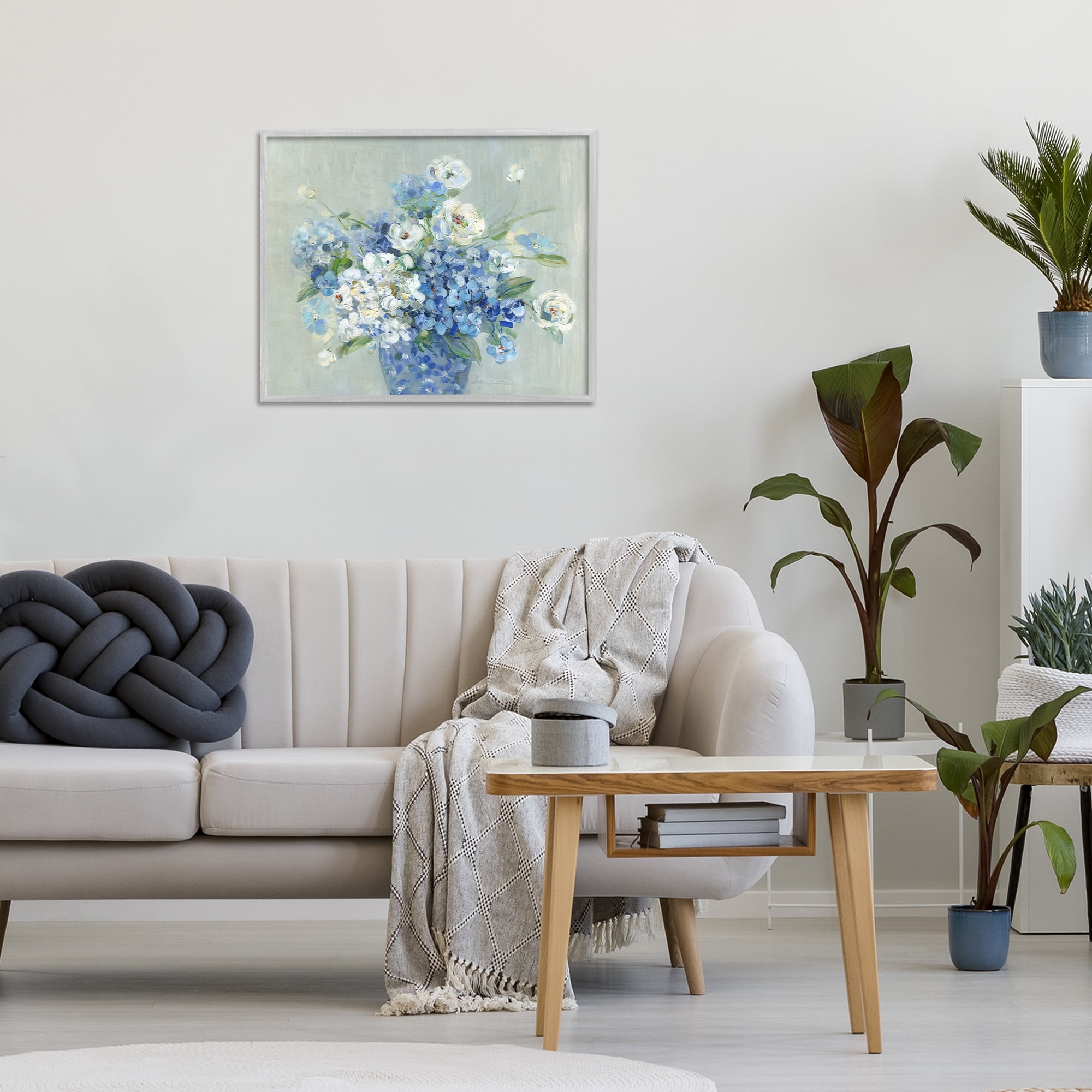 Stupell Industries Serene Blue And White Bouquet Gray Framed Giclee Art, design by Sally Swatland