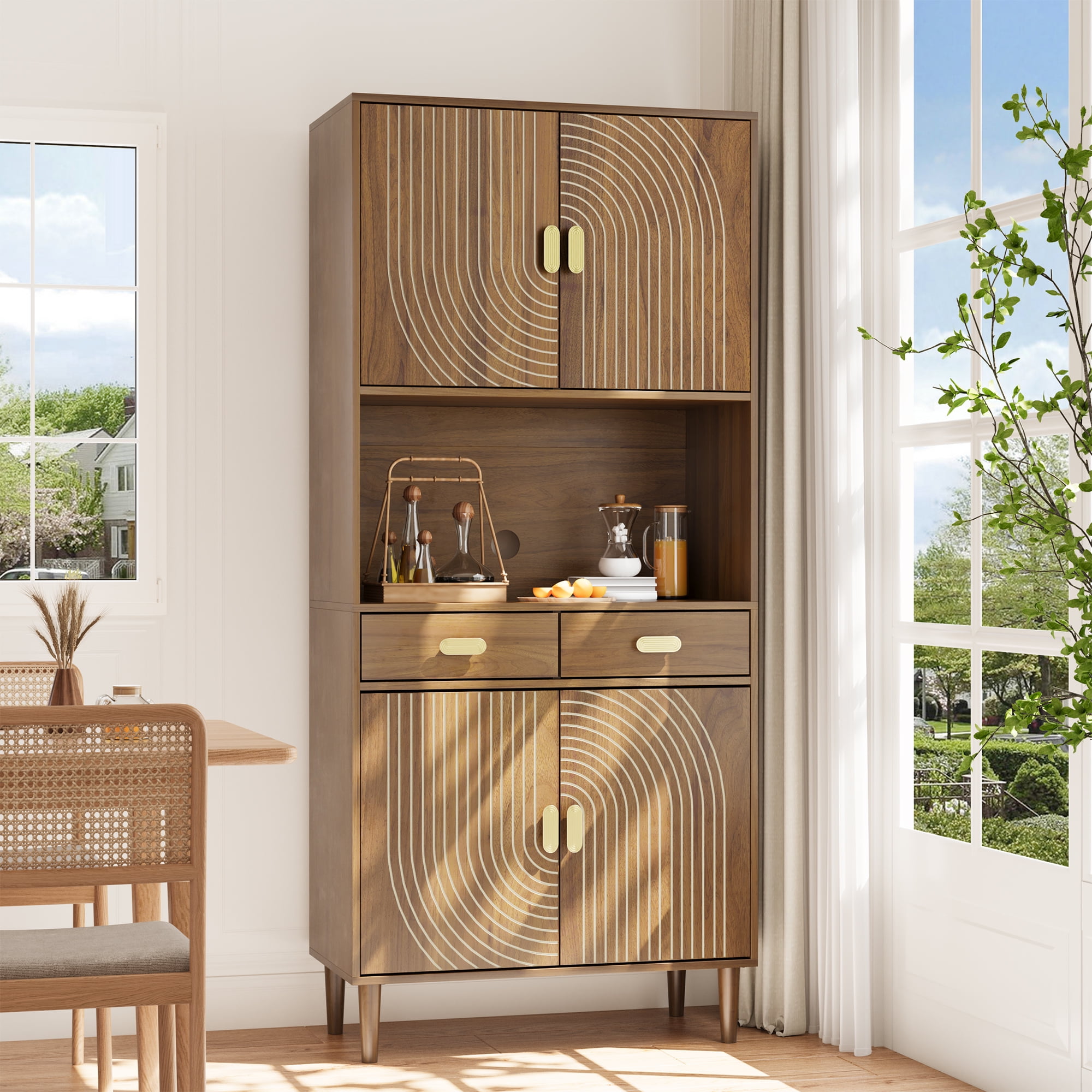 Semiocthome Pantry Storage Cabinet with Line Groove Design and Microwave Stand, Kitchen, Walnut