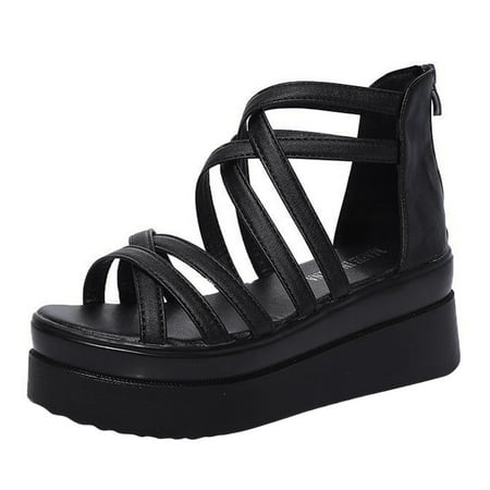 

NECHOLOGY Fashion Women s Shoes Slope Heel Sponge Heel Sandals Belt Back Zipper Roman Espadrille Sandals Wide Width for Women Black 8