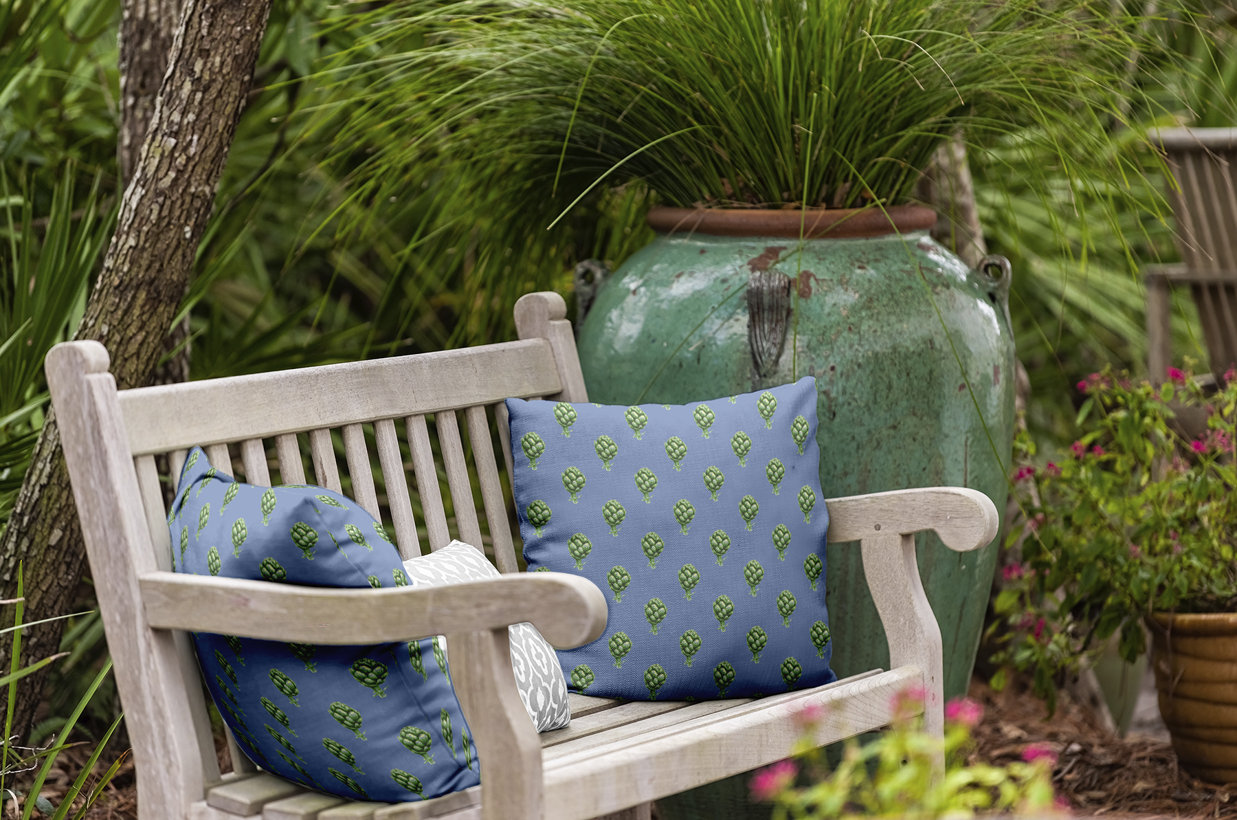 20" x 20" Simply Daisy Artichokes Pattern Polyester Indoor/Outdoor Pillow, Cornflower Qty 1