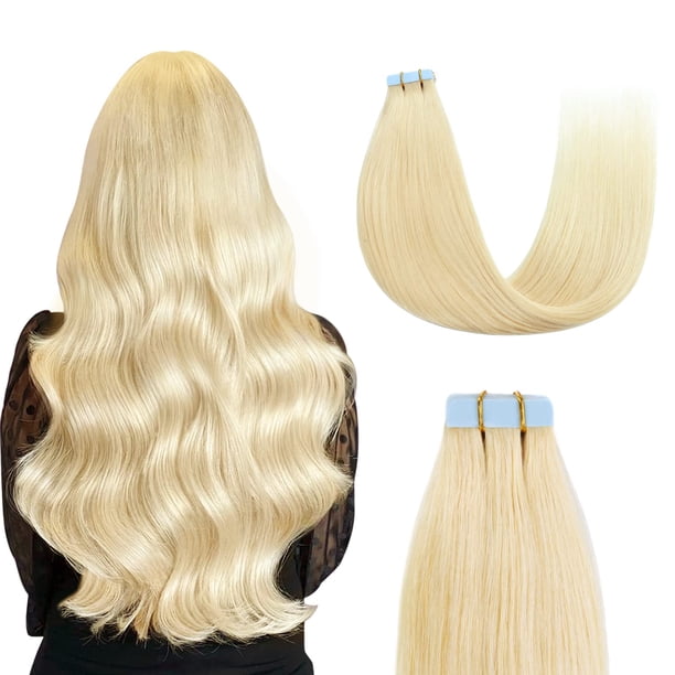Sunya Extensiones de cabello con cinta adhesiva de 16 pulgadas, cabello humano Remy liso y sedoso, cinta de trama de piel sin costuras en extensiones de cabello humano real, 16 pulgadas # 613 rubio bl
