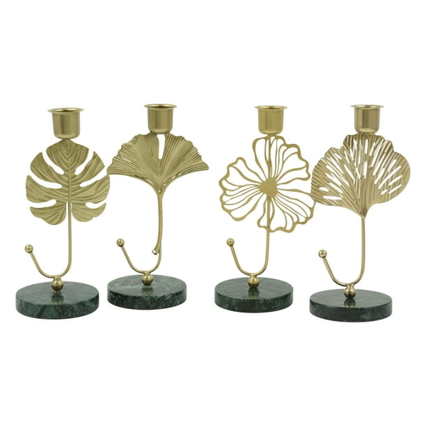 Ilios Innova | Set de 4 Portavelas Decorativos, Diseño de Hojas Metálicas Doradas con Base de Mármol Verde, Estilo Contemporáneo para Decoración