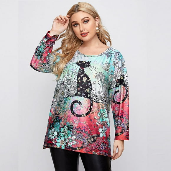 U.Vomade New Large Size Casual T-Shirt Women's Round Neck Long Sleeve Floral Cat Print T-Shirt Loose Plus Size Women's Clothing